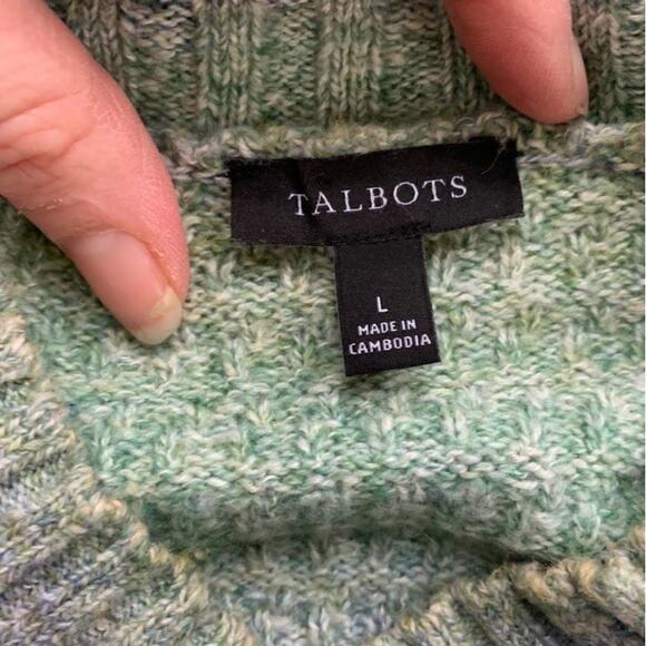 Talbots Striped Pullover Sweater Womens L Green Button Mock Neck Ribbed Wool - Picture 5 of 8